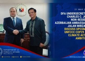 Azərbaycan səfiri Filippinin xarici işlər katibinin müavini ilə COP29-u müzakirə edib Azərbaycanın İndoneziya, Sinqapur, Filippin və Timor-Leste, həmçinin ASEAN-dakı səfiri Cəlal Mirzəyev qeyri-rezident diplomatik nümayəndə olduğu Filippinə işgüzar səfəri çərçivəsində bu ölkənin Xarici İşlər Departamenti katibinin müavini Çarlz Xose ilə COP29-u müzakirə edib